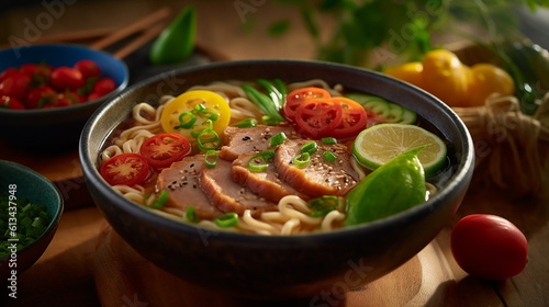 Generative AI image of Saimin: A taste of Hawaii, a bowl of saimin with thin wheat noodles in a flavorful broth, topped with char siu, fish cake, green onions, and garnished with kamaboko photo