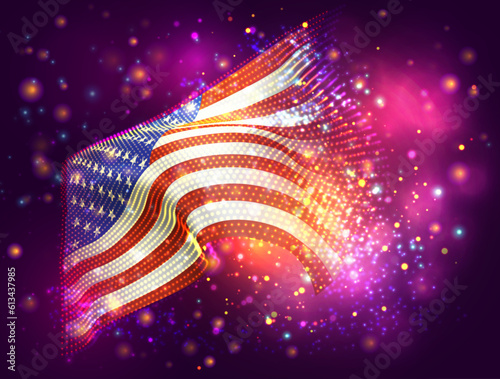 USA, America, vector 3d flag on pink purple background with lighting and flares