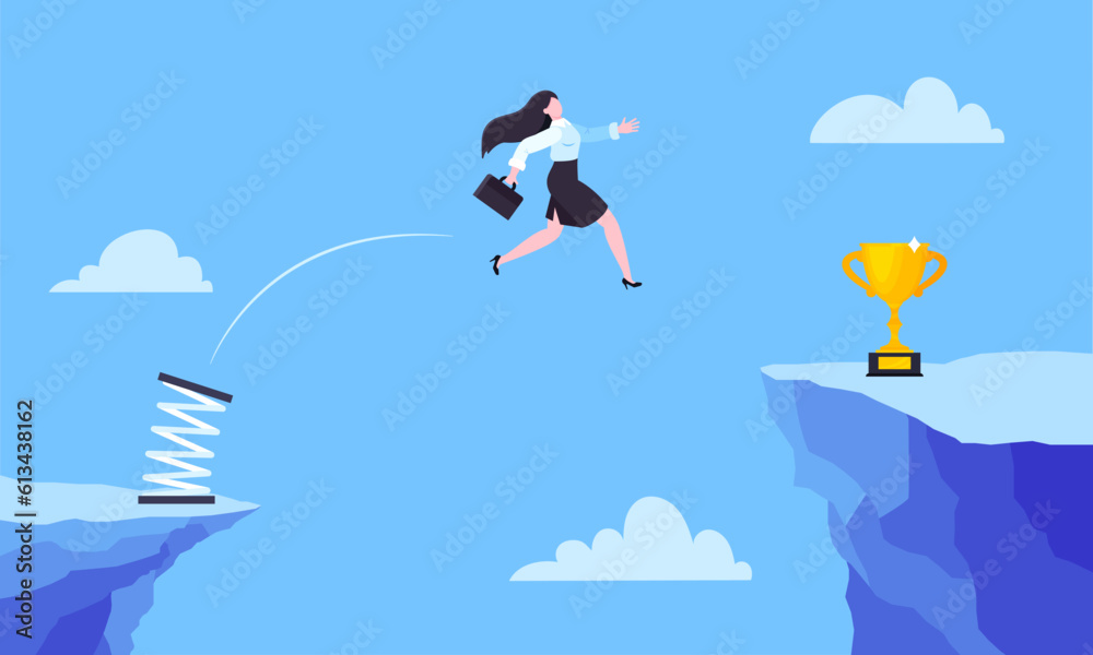 Fototapeta premium Businesswoman jumps over the abyss across the cliff flat style design vector illustration. Business concept of fearless businesswoman with courage. Risk, goal achievement, work obstacles and success.