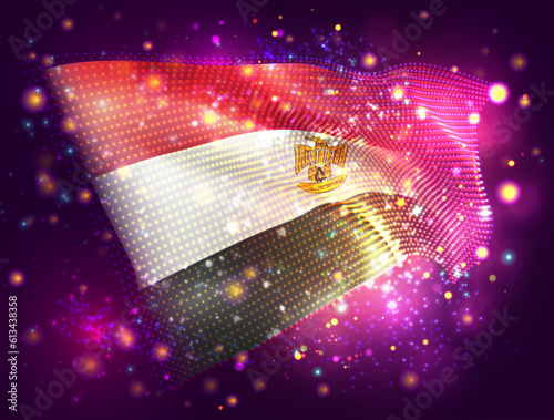 Egypt, vector 3d flag on pink purple background with lighting and flares