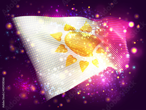Sun, on vector 3d flag on pink purple background with lighting and flares