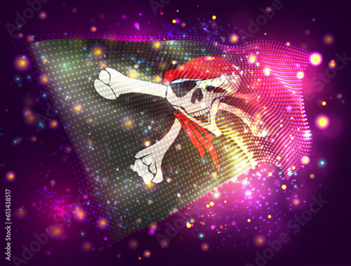 Pirate, on vector 3d flag on pink purple background with lighting and flares