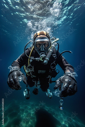 Underwater view of diver wearing wetsuit, diving goggles and oxygen , AI GENERATIVE