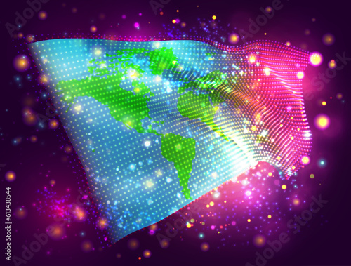 World map, on vector 3d flag on pink purple background with lighting and flares