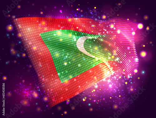 Maldives, vector 3d flag on pink purple background with lighting and flares