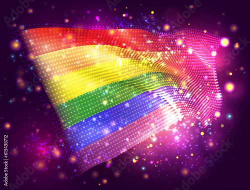 Rainbow, vector 3d flag on pink purple background with lighting and flares