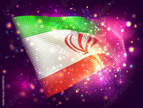 Iran, vector 3d flag on pink purple background with lighting and flares