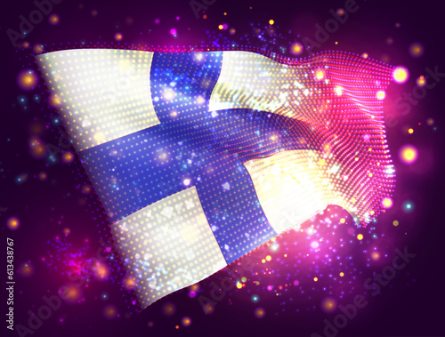 Finland, vector 3d flag on pink purple background with lighting and flares