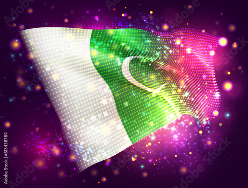 Pakistan, vector 3d flag on pink purple background with lighting and flares