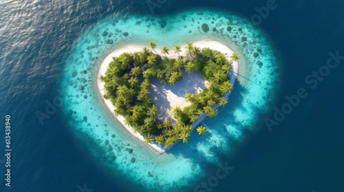 Paradise tropical Island in the form of heart. Generative AI © piai