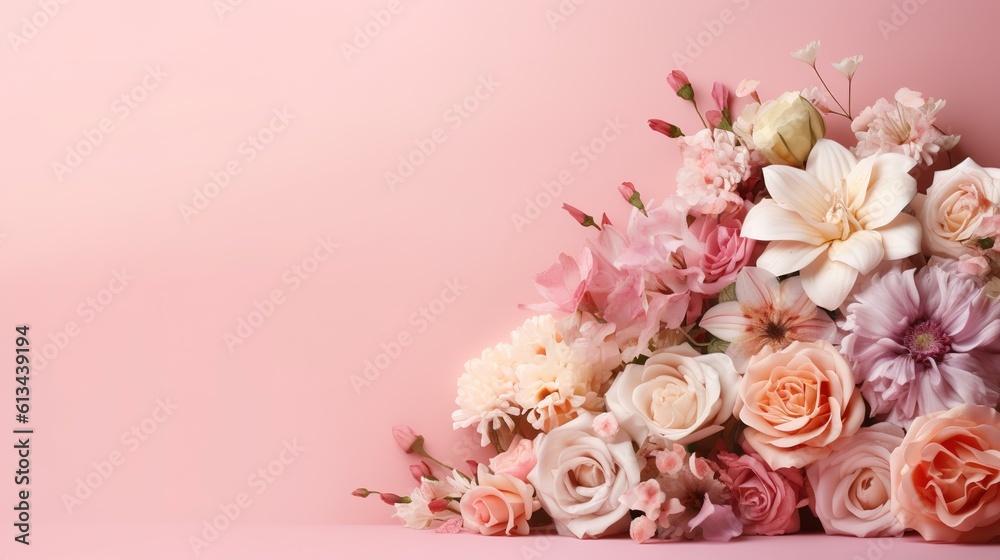A pink floral arrangement with copy space on light rose color background