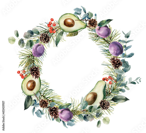 Fototapeta Naklejka Na Ścianę i Meble -  Christmas wreath composition.  Watercolor decor with fir branches, cones, oranges, mandarins, plums, pomegranates and berries. Eucalyptus branches. Fruit composition isolated on white background.