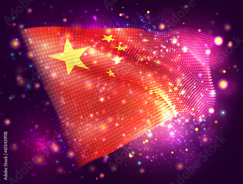 China, vector 3d flag on pink purple background with lighting and flares