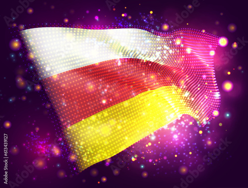 South Ossetia, vector 3d flag on pink purple background with lighting and flares