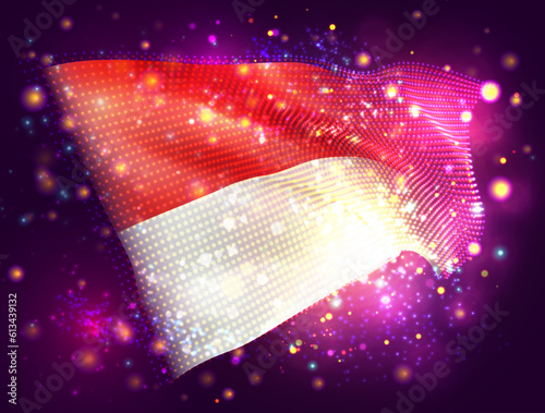 Indonesia, Monaco, vector 3d flag on pink purple background with lighting and flares