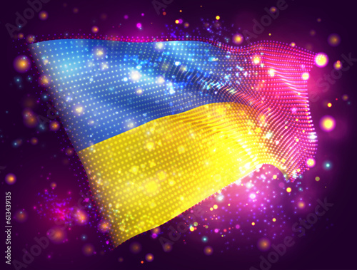 Ukraine, vector 3d flag on pink purple background with lighting and flares