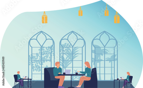 People working and eating in cafe with big window. Cartoon characters sitting at cafe tables and having tea and chatting and working. Vector illustration for cafe or restaurant interior concept