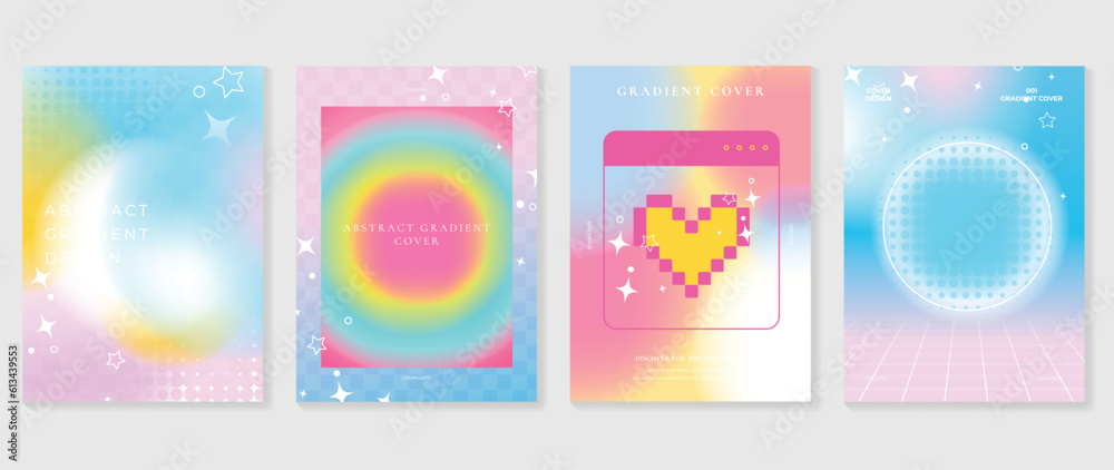 Modern y2k design background cover. Abstract gradient graphic with sparkles, heart, halftone. Aesthetic business cards collection illustration for flyer, brochure, invitation, social media, poster.