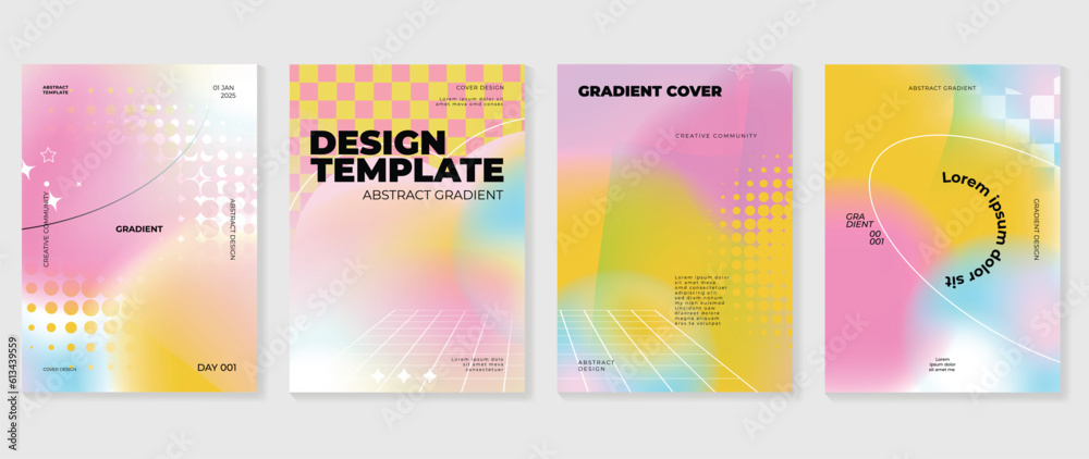 Modern y2k design background cover. Abstract gradient graphic with sparkles, star, halftone. Aesthetic business cards collection illustration for flyer, brochure, invitation, social media, poster.