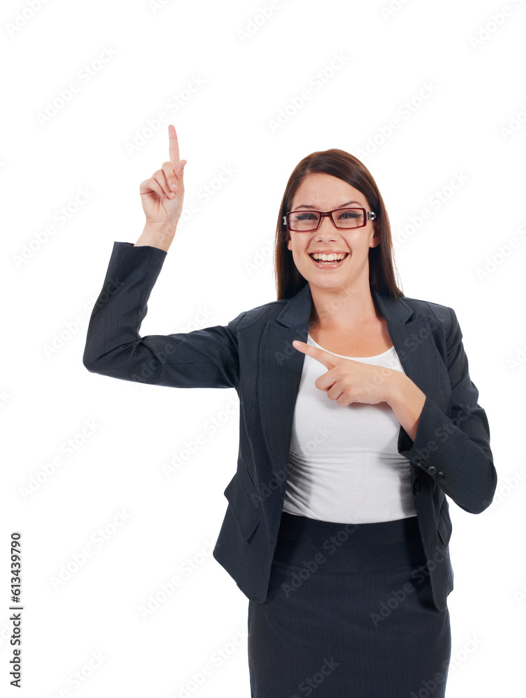 Business woman, portrait smile and pointing for advertising standing isolated on a transparent PNG background. Happy female person or employee smiling and finger point for advertisement or marketing Business woman, portrait smile and pointing for advertising standing isolated on a transparent PNG background. Happy female person or employee smiling and finger point for advertisement or marketing