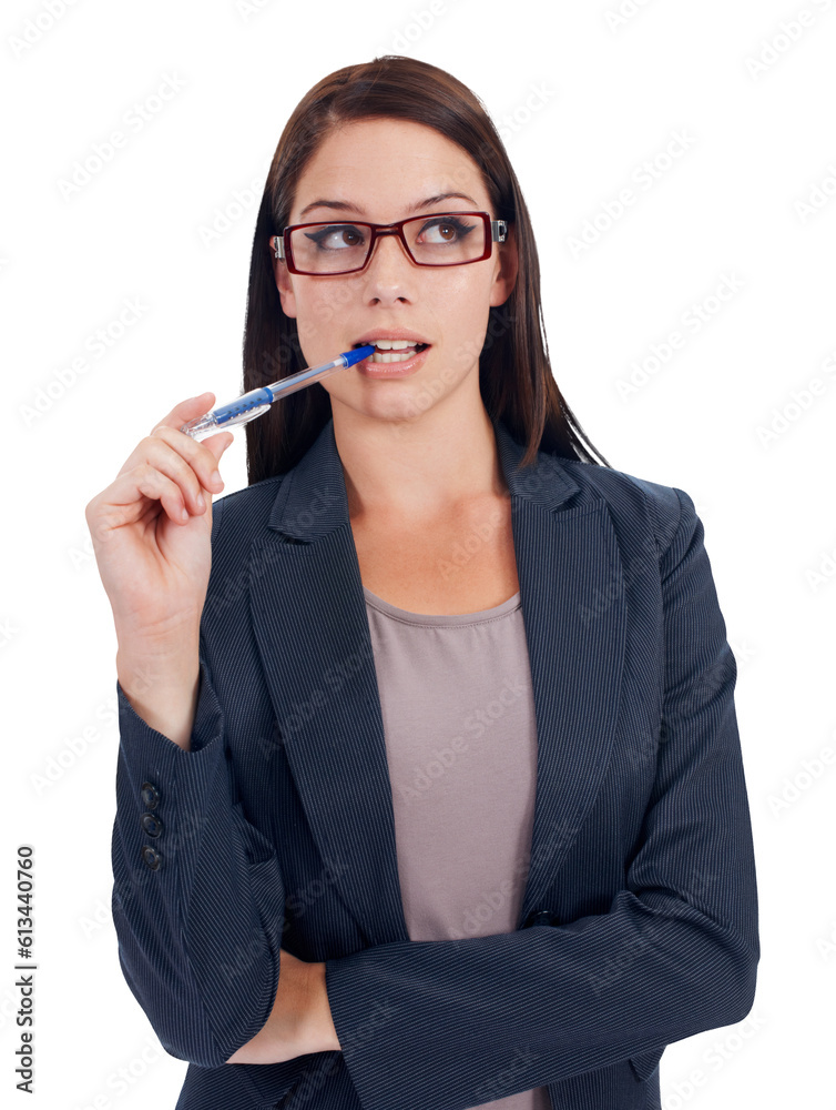 Idea, future and a young lawyer woman isolated on a transparent background for legal problem solving. Thinking, law and question with an attractive female advocate planning her trial defense on PNG Idea, future and a young lawyer woman isolated on a transparent background for legal problem solving. Thinking, law and question with an attractive female advocate planning her trial defense on PNG