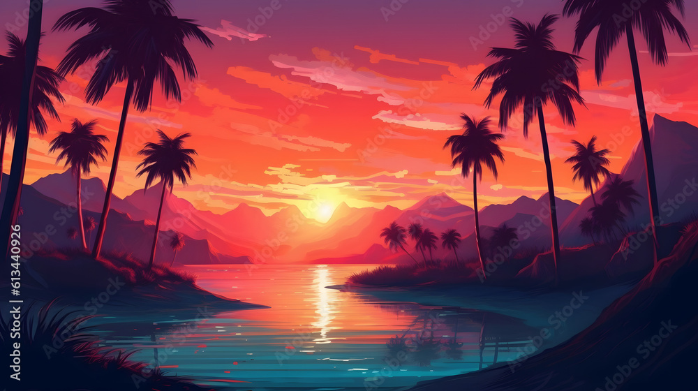 Sunset landscape with palm trees and mountains.