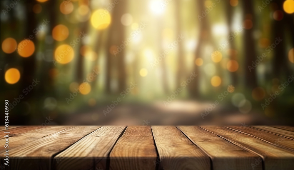 Empty wooden table for product showcase amidst the beauty of nature in forested background