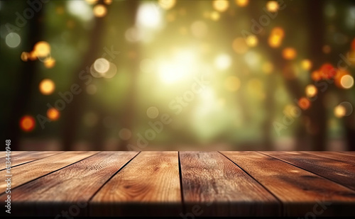 Empty wooden table for product showcase amidst the beauty of nature in forested background
