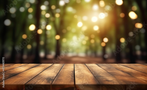 Empty wooden table for product showcase amidst the beauty of nature in forested background