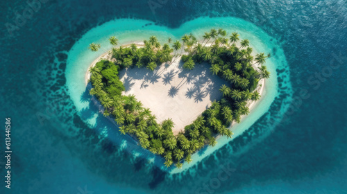 Paradise tropical Island in the form of heart. Generative AI