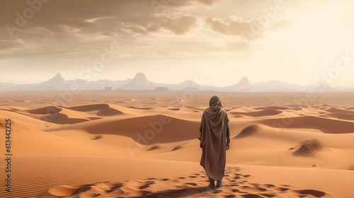 The traveler stands and contemplates the sandy desert.