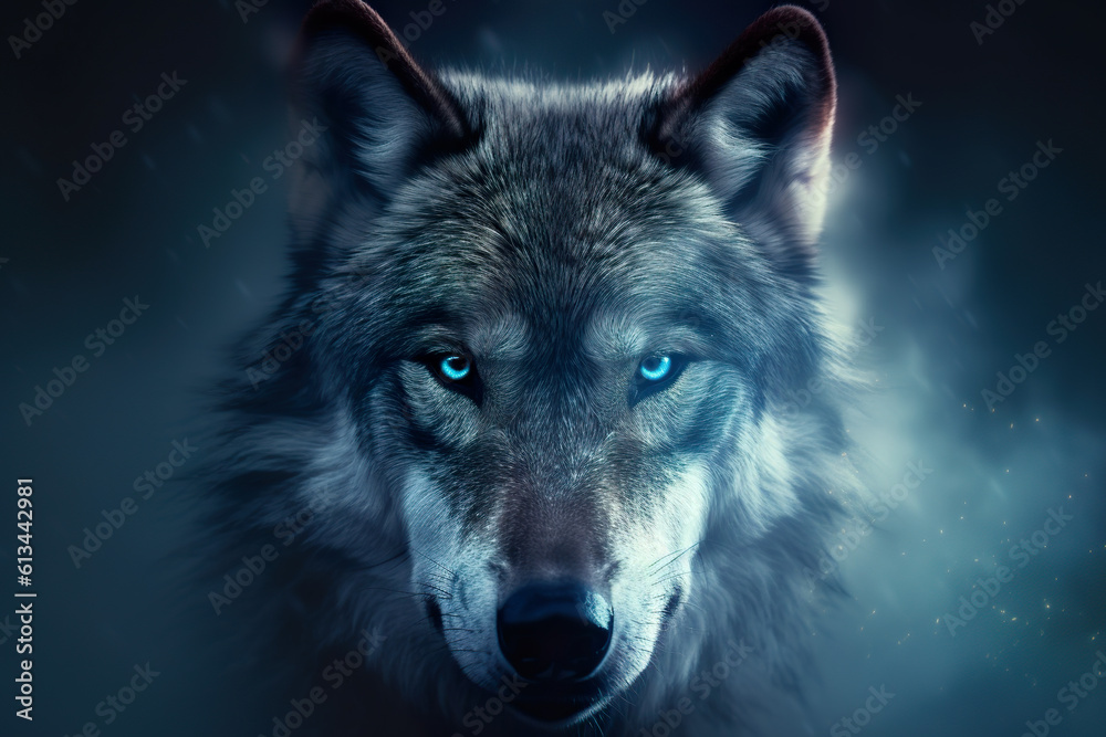 Wolf serious face closeup in dense smoke blue eyes
