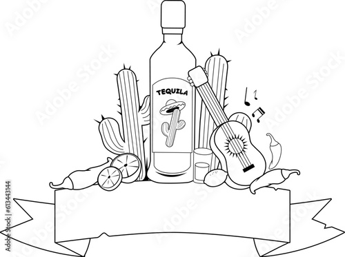 Banner decorated with a tequila bottle and other Mexican themed illustrations. Vector black and white coloring page.