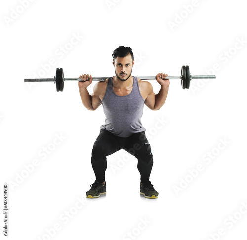 Isolated bodybuilder man, barbell squat exercise and fitness workout with health by transparent png background. Young guy, weightlifting or training for strong legs, muscle development and wellness