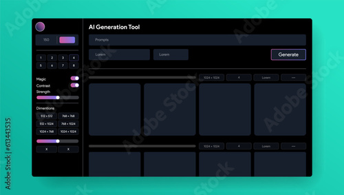 AI generate tool interface. Artificial intelligence UI site. Image making process. LLM site. Leonardo, diffusion page mock-up. Vector illustration design