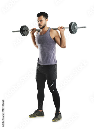 Fitness, exercise and a bodybuilder man with a barbell isolated on a transparent, png background. Male athlete person or aesthetic model with focus for training workout and strong muscle progress