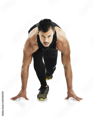 Man, start race and running with fitness and action, training with focus in portrait isolated on transparent png background. Workout, exercise and male runner ready for run, marathon and speed photo