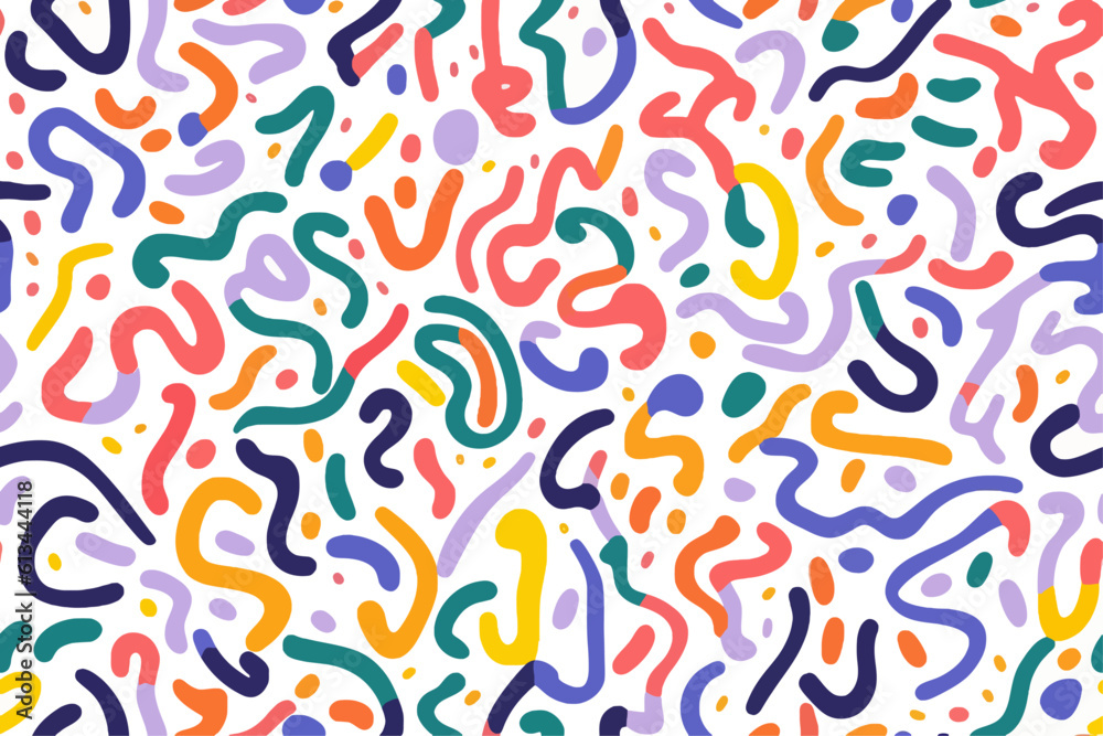 Obraz premium Colorful doodle scribble pattern in various colors, organic shapes and curved lines, seamless vector illustration
