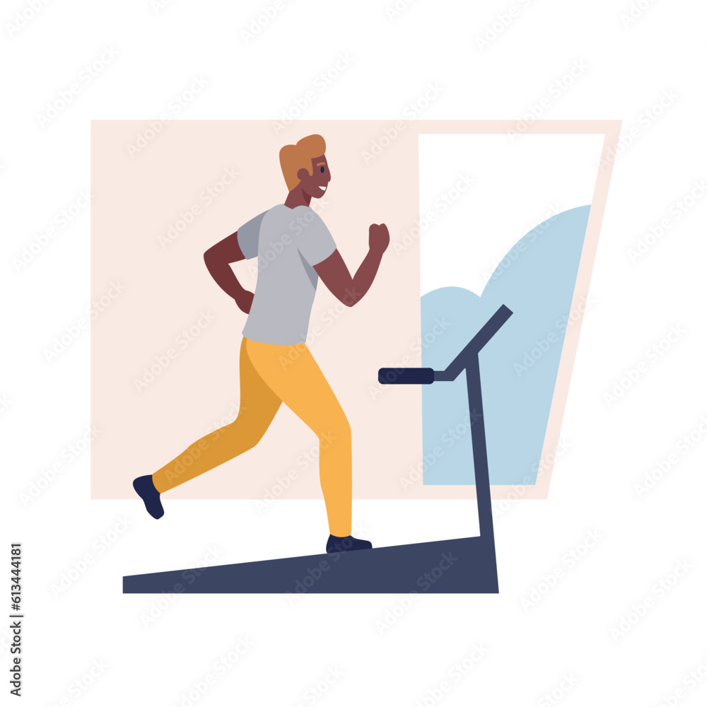 Smiling sporty guy working out on cardio machine. Happy black male athlete running on treadmill in gym during training session. Flat vector illustration Smiling sporty guy working out on cardio machine. Happy black male athlete running on treadmill in gym during training session. Flat vector illustration