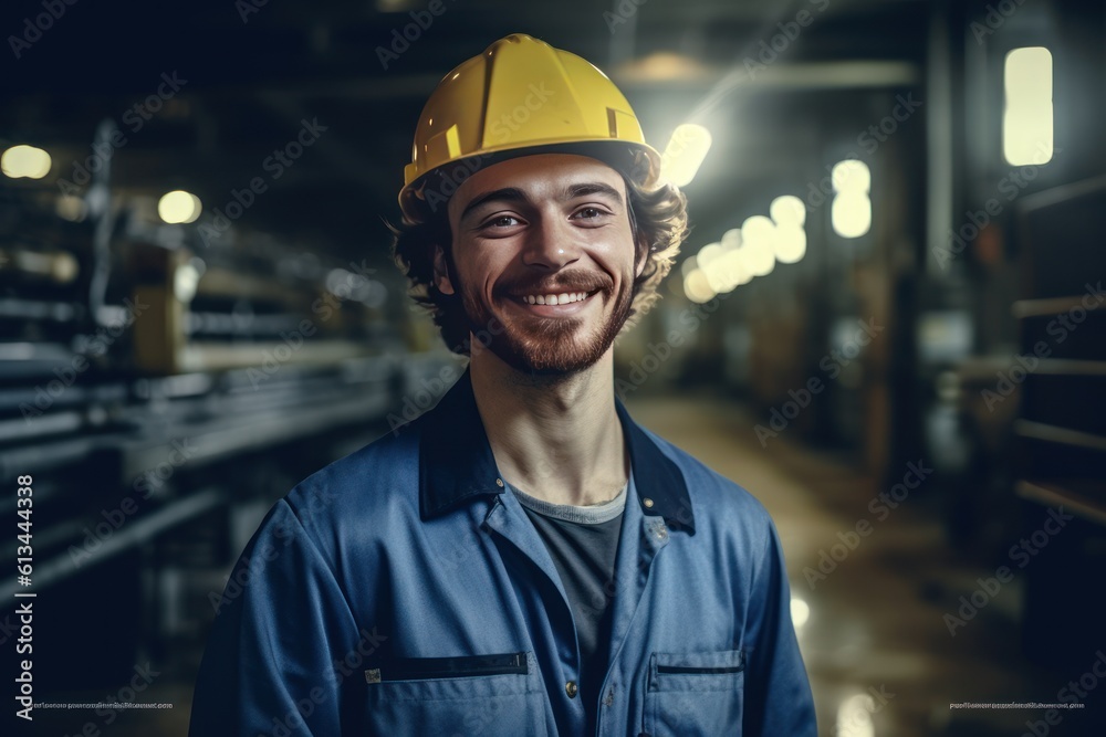 Lächelnder Mitarbeiter in der Fabrik: Verkörperung der deutschen Kultur mit sympathischer Persönlichkeit und maskuliner Ausstrahlung, Generative AI Lächelnder Mitarbeiter in der Fabrik: Verkörperung der deutschen Kultur mit sympathischer Persönlichkeit und maskuliner Ausstrahlung, Generative AI