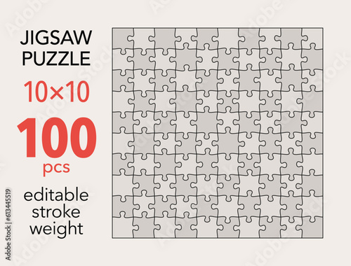 Empty jigsaw puzzle grid template, 10x10 shapes, 100 pieces. Separate matching puzzle elements. Flat vector illustration layout, every piece is a single shape.