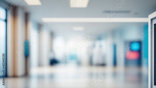 Light blurred background. The hall of an office or medical institution with panoramic windows and a perspective. Generative Ai photo