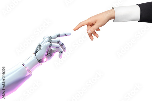 Fotografija White cyborg robotic hand pointing his finger to human hand with stretched finger - cyber la creation - isolated on free PNG background