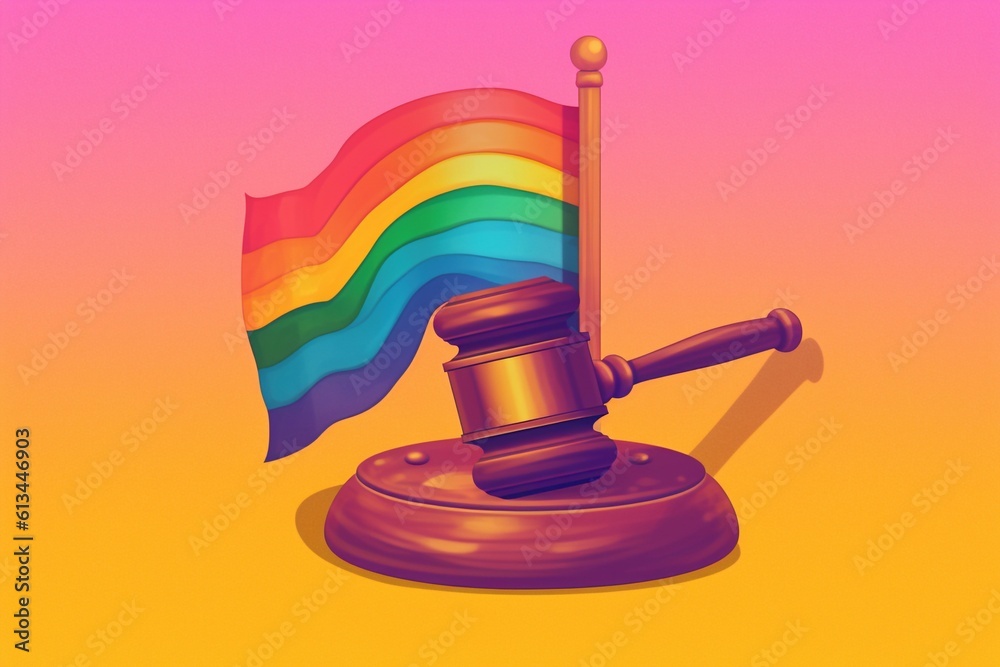 Concept of rights equality for LGBT people in USA. US flag with judge gavel and two LGBT flags. Concept of rights equality for LGBT people in USA. US flag with judge gavel and two LGBT flags.