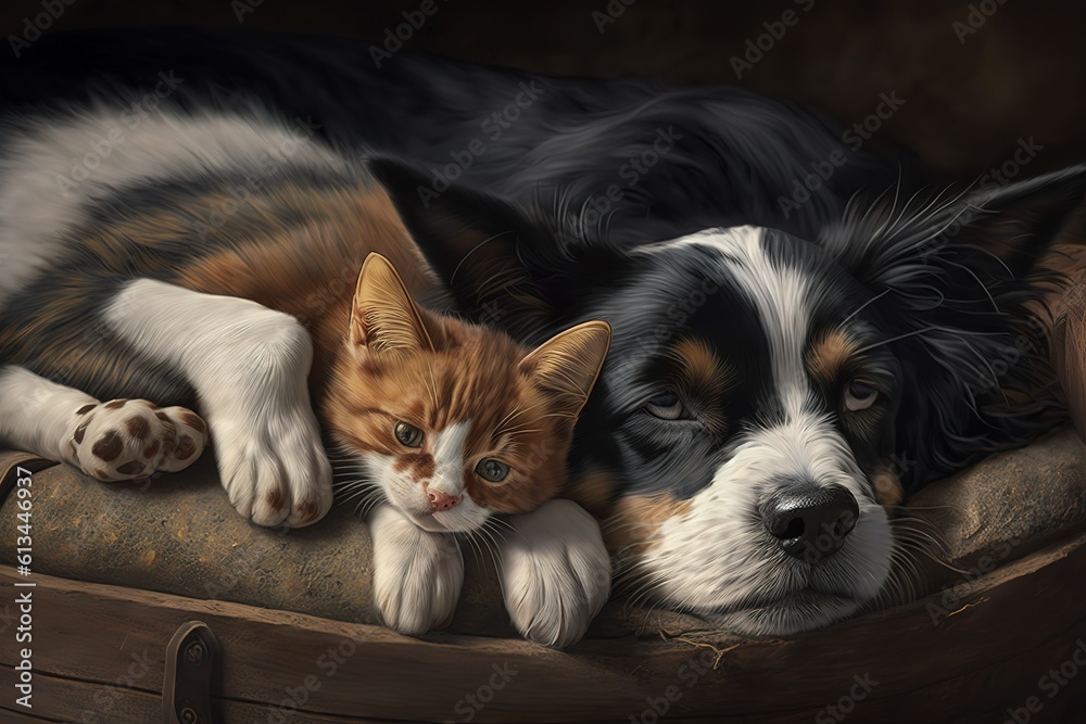 Cat and dog sleeping. Puppy and kitten sleep. , hyperrealism, photorealism, photorealistic