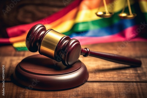 Concept of rights equality for LGBT people in USA. US flag with judge gavel and two LGBT flags.