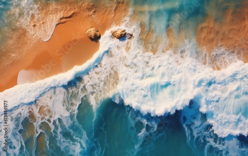 Overhead Photo of Crashing Waves on a Rocky Shoreline - Powerful Nature in Motion, Generative Ai