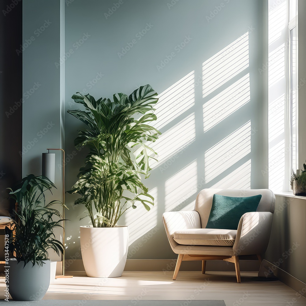 Fototapeta premium Stylish room interior with comfortable furniture and plant near wall. Scandinavian interior design