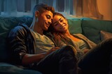 Intime Zweisamkeit: Junges Paar auf einem Sofa, geteilte Momente in charismatischer und bezaubernder Atmosphäre, Generative AI