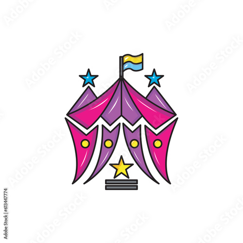 attractive circus tent logo with a star in front of it, logo design simple modern. solid color style,
